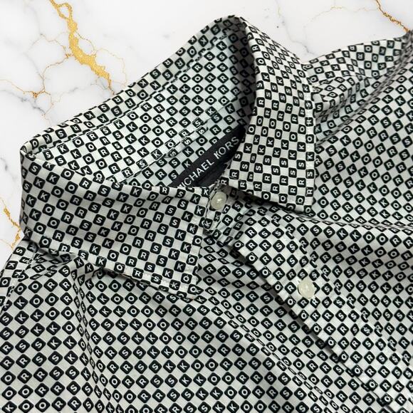 MICHAEL KORS COLLECTION Monogram Button Up Shirt Wrinkle Resistant Slim Black M - Picture 1 of 10